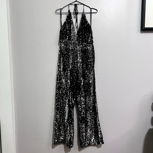 NWT Bardot Disco Barbie Silver, Champagne Gold, & Midnight Black Sequin Jumpsuit - Picture 2 of 16